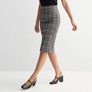 NINE WEST Tan Blue Black Glen Plaid Pull On Ponte Pencil Skirt - Small